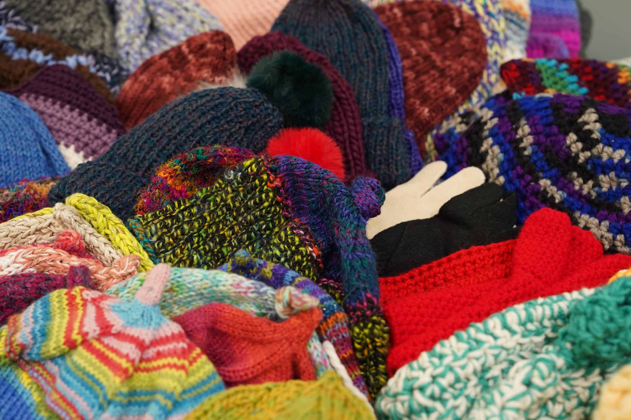 Array of hats donated by Knit Night